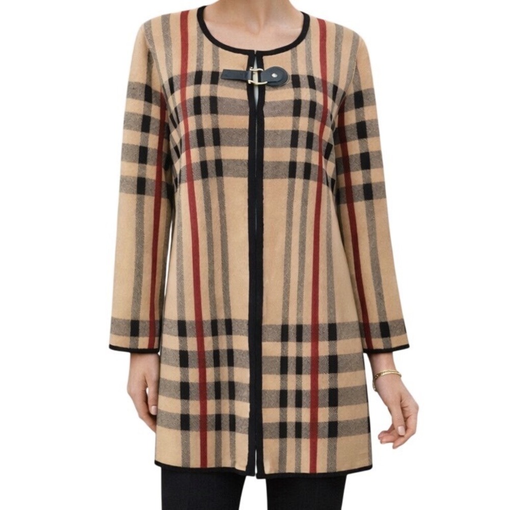 Anne Klein Women's Nova Check Plaid Combo Long Line Blazer Sweater Size Large
